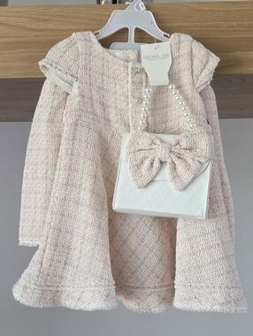 Rachel Zoe Pale Pink Tweed Baby Dress with White Bow Purse